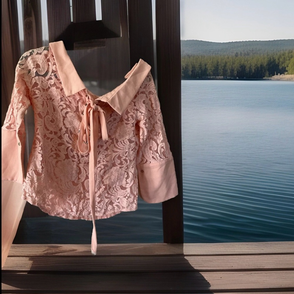 Nylon Apparel Lace Top Size Small Pink Off Shoulder Cropped